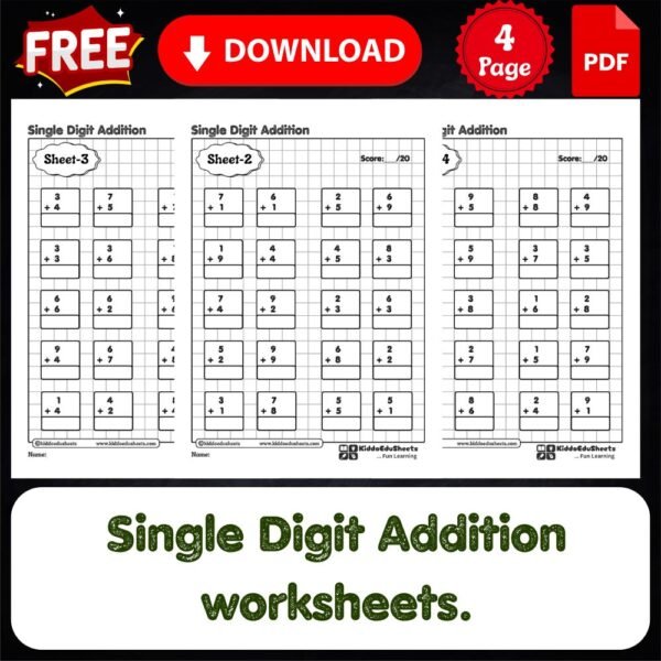 single digit addition worksheets printable for kids
