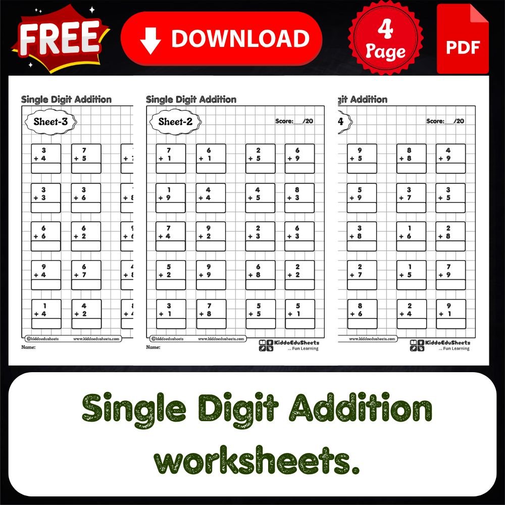single digit addition worksheets printable for kids