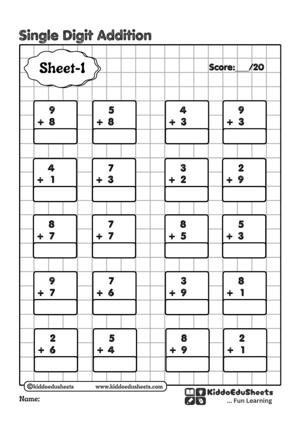single digit addition worksheets printable for kids