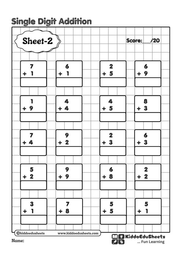 single digit addition worksheets printable for kids