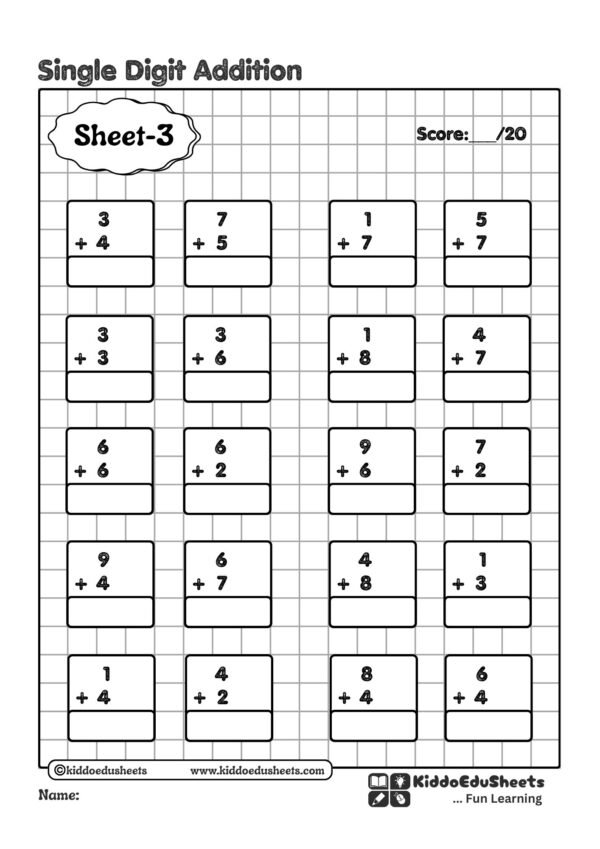 single digit addition worksheets printable for kids