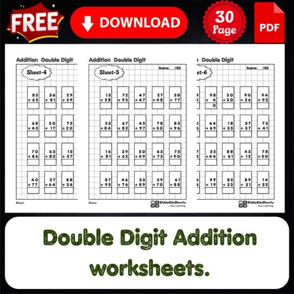 double digit addition worksheets printable for kids